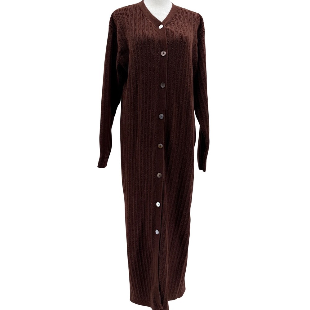 Vintage 90s Cotton Duster Cardigan Sweater Chocolate Brown Large Cable Knit